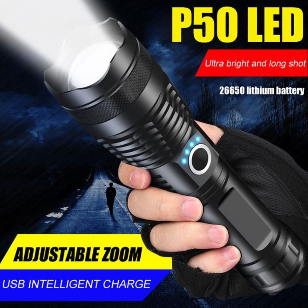 P50 LED Tactical Flashlight -5 Modes, Zoom Adjustable, USB Rechargeable Focus Flashlight